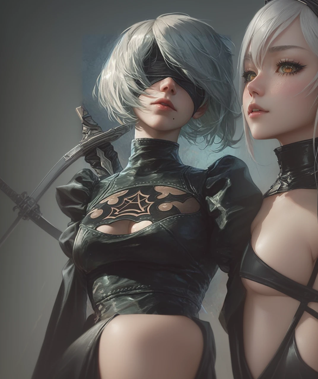 Anime girl with long samurai sword and black outfit posing for a photo、2B Nier オートマトン、Nier:Automaton Inspired、Nier オートマタ インスパイア、Nier オートマタの 2 B、Nier オートマタの 2b、2 b、Nier インスパイアー、Nier 2 b、Bad anime 8k、Nier、Female Assassin、8k high quality detailed art