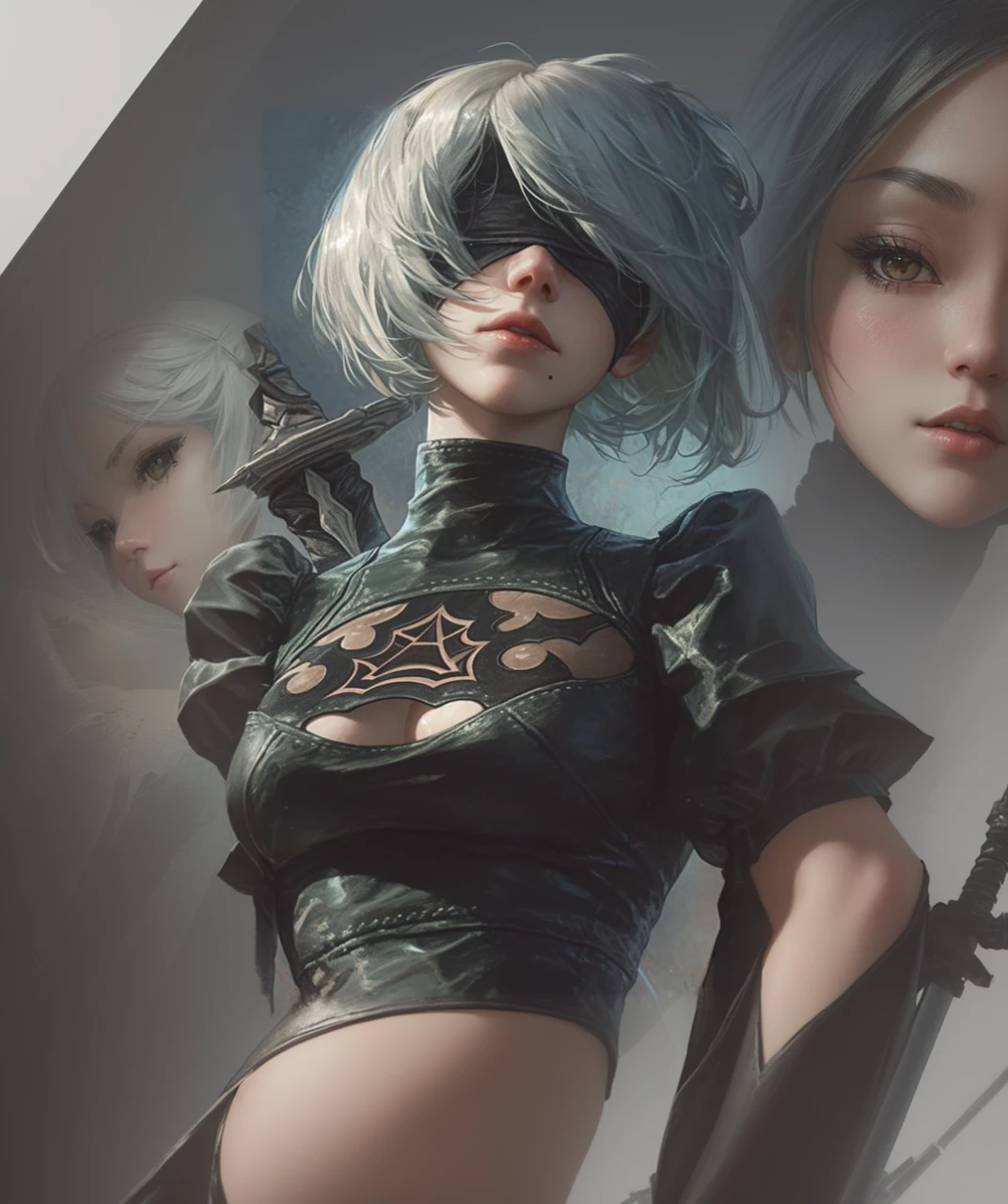 Anime girl with long samurai sword and black outfit posing for a photo、2B Nier オートマトン、Nier:Automaton Inspired、Nier オートマタ インスパイア、Nier オートマタの 2 B、Nier オートマタの 2b、2 b、Nier インスパイアー、Nier 2 b、Bad anime 8k、Nier、Female Assassin、8k high quality detailed art