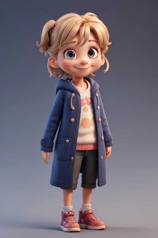 Cute Girl IP,coat,Little girl standing,Physical blind box style,whole body,Cute smiling face,Simple and clean background,Texture,C4D,3D Model Artwork,Toy,Ultra-high-definition details,Soft lighting,high resolution,Many details,8K,3D Rendering,Best quality,threeviews,Front view,clay,--niji 5