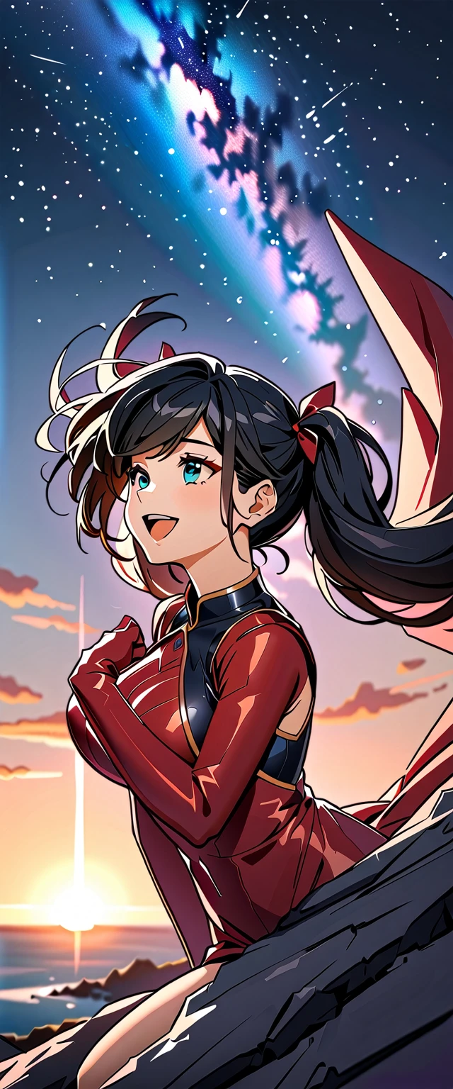 Photo of a woman with natural skin, ((Upper Body)), Dynamic pose, Looking at the camera, laughing, She has black hair in twin tails with red mesh, Sharp eyes with blue eyeshadow, Shining eyes, A thin, upturned nose, Well-shaped lips, Black shoulder dress, Decorated clothing, Big Breasts, barefoot, Makeup, Exquisitely crafted with the utmost attention to detail, Vibrant, amazing, Smooth, Cinematic, 4K, Backlight, ((Atop a cliff with a beautiful starry sky, Cliff)), Shallow depth of field, ((Detailed eyes:1.3, Detailed lips:1.3, high quality, )), masterpiece, Super detailed images, High quality