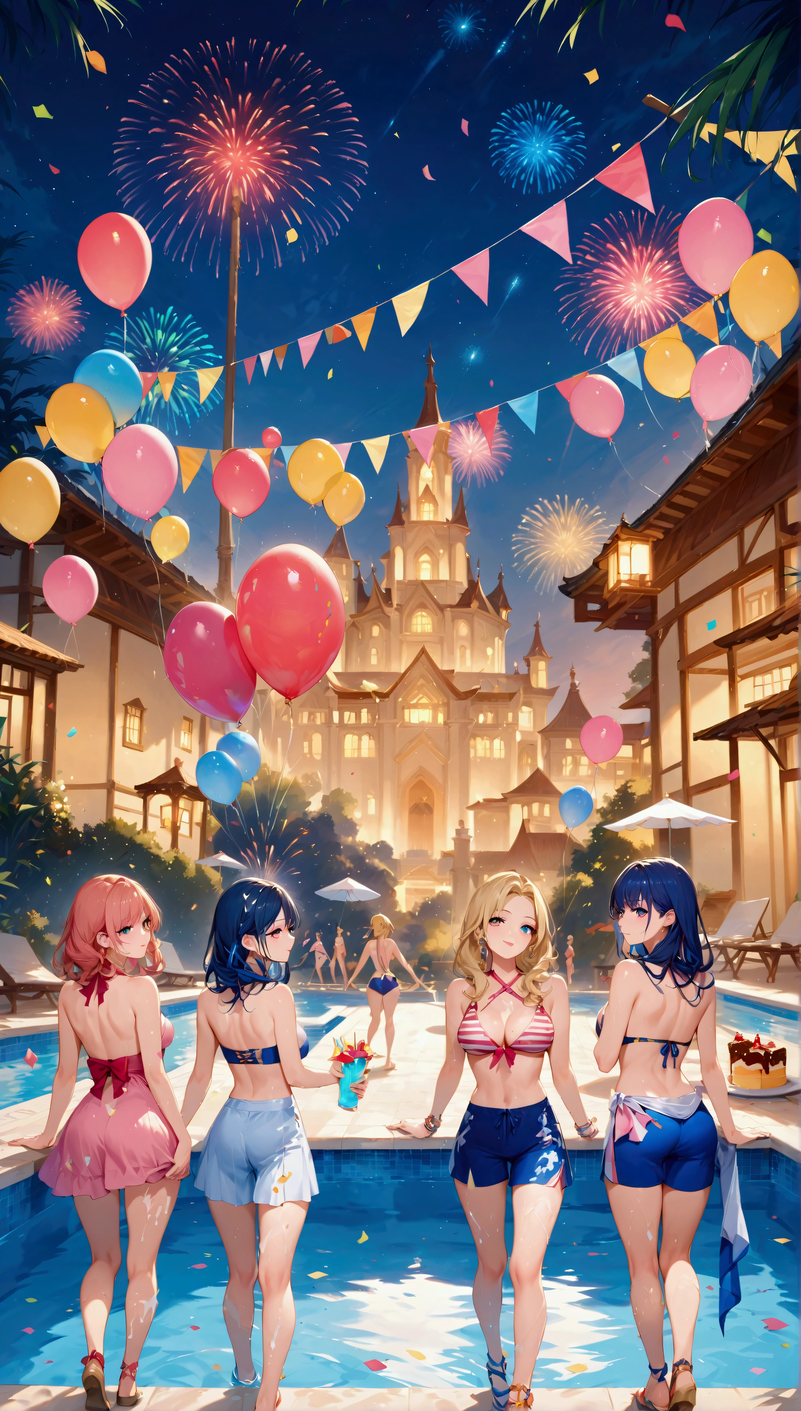  score_9, score_8_up, score_7_up, score_6_up, masterpiece, top quality, best quality, official art, beautiful and aesthetic, anime_source, centered, cinematic scene,Group of woman swimming in a pool, multi ethnics, diverse, pool party, balloons and confetti, cakes everywhere, vibrant colors, night, fireworks, epic composition, epic proportion, 8K, Expressiveh 