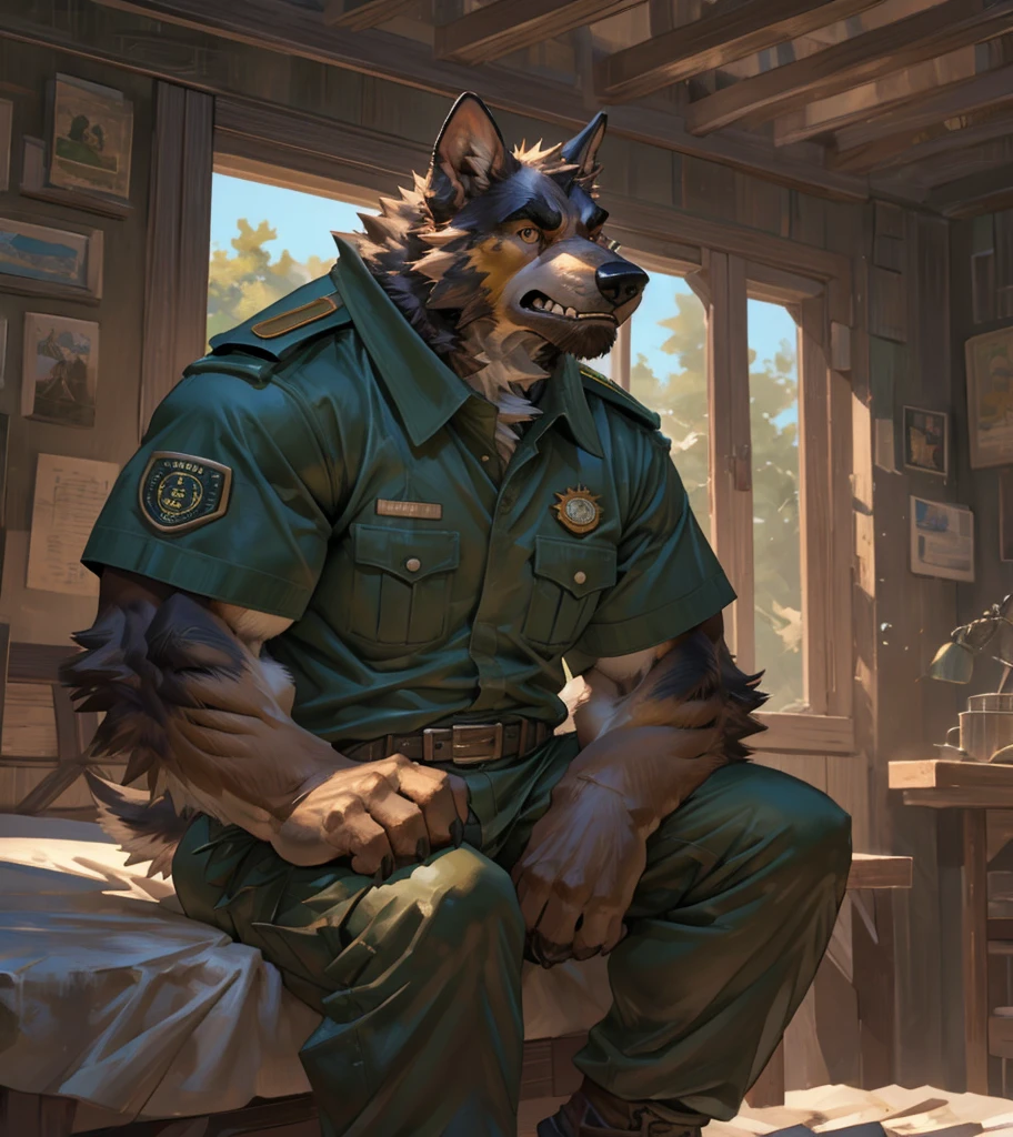 By Taran Fiddler, one man, alone, anthro canine (irish wolfhound), hound dog breed, brown fur, dilf, wrinkly face, bushy eyebrows, wearing park ranger uniform, stern facial expression, looking away from viewer, snarling, sitting on bed, inside a national park watchtower