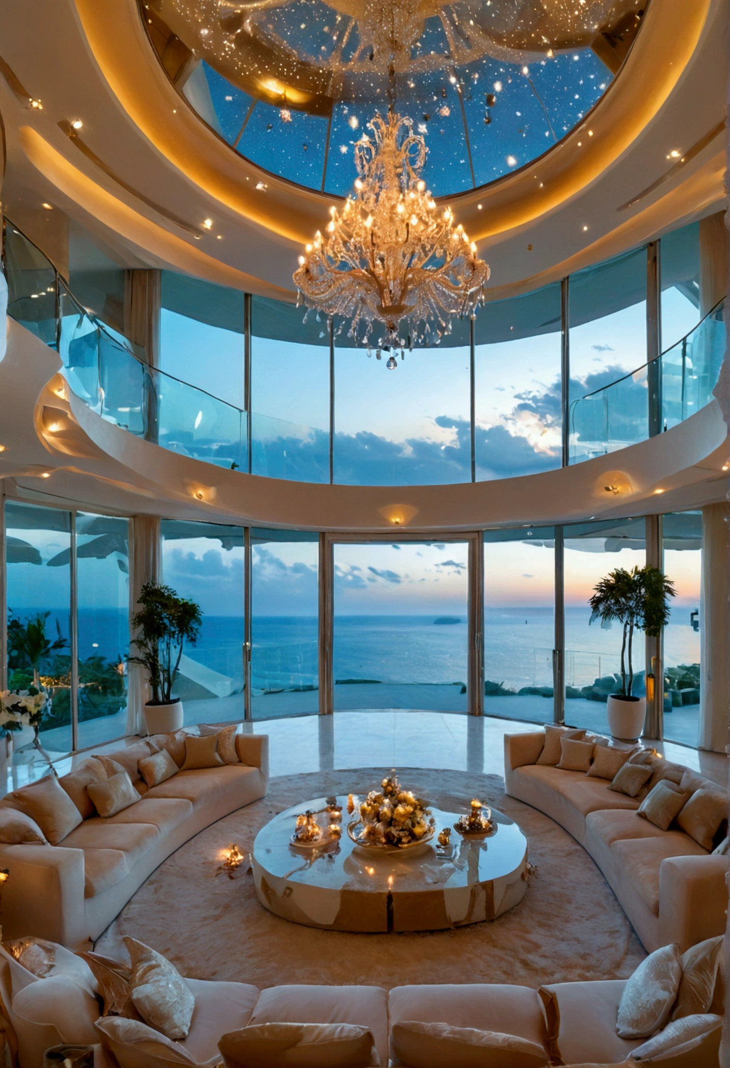 wide angle,16k, HD, Canon camera shooting, aerial shooting, ceiling starry ceiling, overall light luxury noble style, large living room with sofa and chandelier, future style gorgeous, white and beige, surface decoration subtle, villa, five floors, spiral stairs, large glass, Windows, outside the window is endless sea view, soft and dreamy atmosphere, professional, detailed, high quality, RAW photos, best quality, best quality, Masterpiece, Extremely fine, best quality, super detail, high quality
