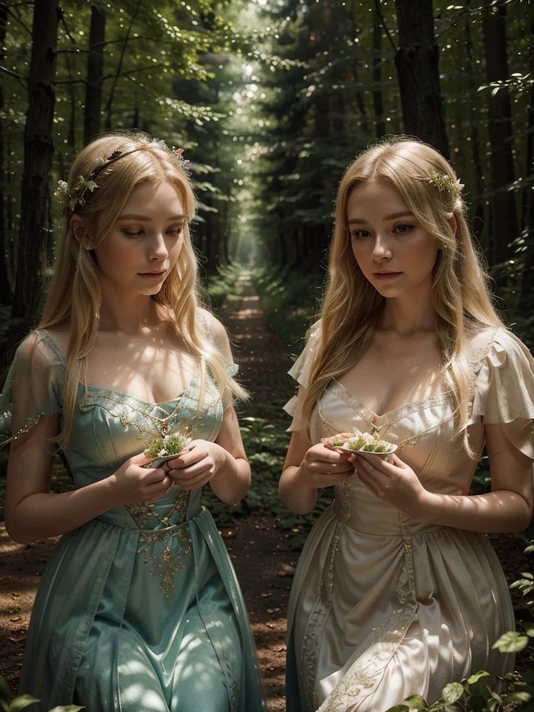 2 beautiful blondes girls in fairy dresses, extremely detailed, intricate fairy-tale forest, enchanted clearing, gorgeous fairy lighting, soft colors, delicate details, photorealistic, 8k, masterpiece
