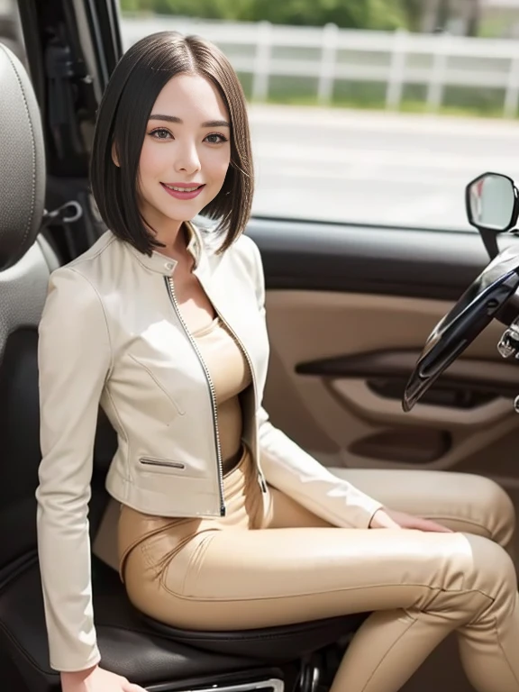 ((best quality)), ((masterpiece)), ((perfect face))、((detailed motorcycle))、Detailed and clear photos、((riding a motorcycle))、slender body、long legs、full body shot、smile、(((Beige long sleeve riding jacket and leather pants)))、(short hair)