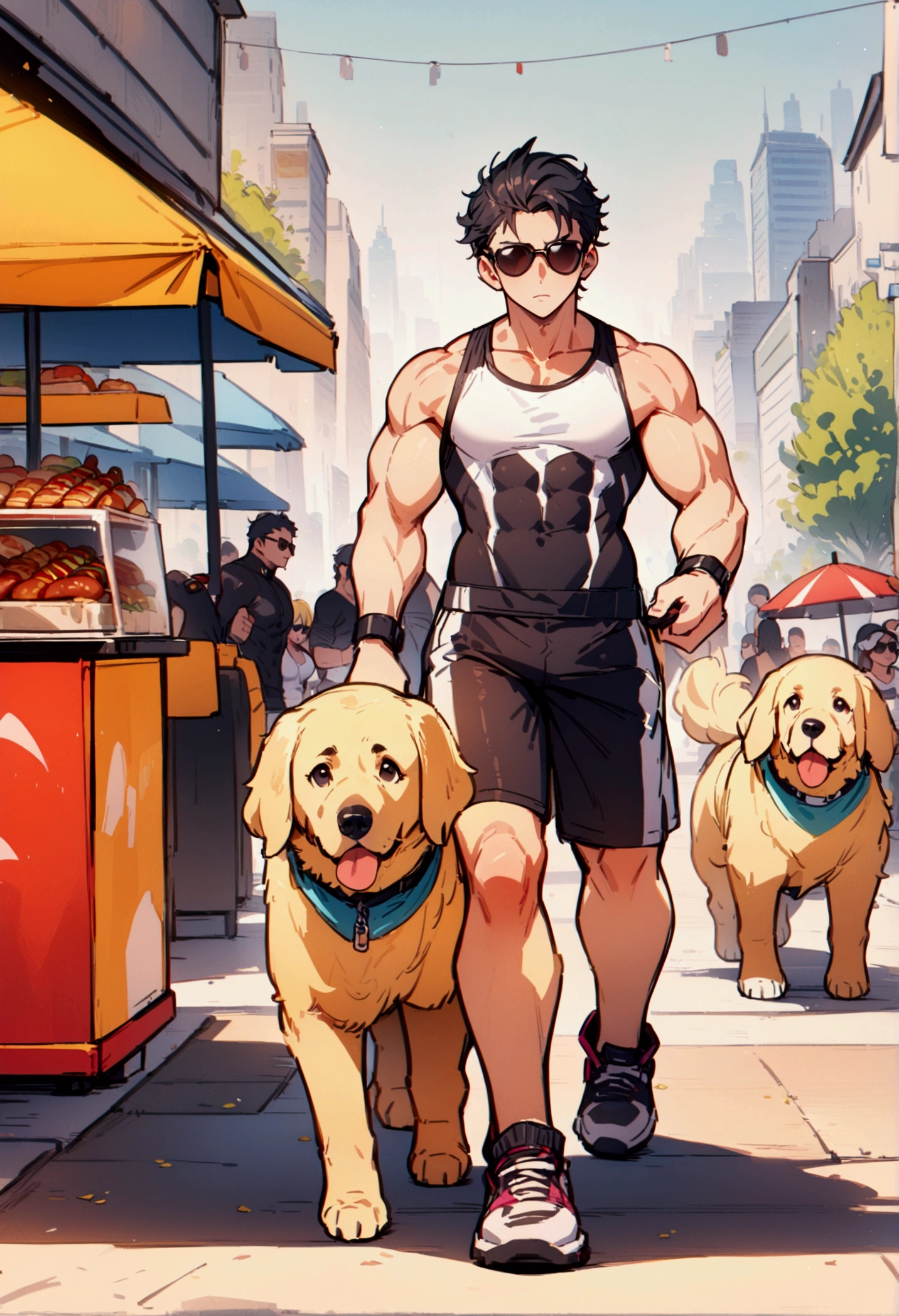 best quality, masterpiece, 8K, HD, young muscular man, wearing sports tank top and tight booty shorts, wearing stylish sunglasses, jogging while walking two dogs on leashes, a big black dog and a golden retriever in front of him, in a crowded park, hotdog stand with umbrella on the side, metropolitan city in the background, front view, full body, vibrant colors, highly detailed