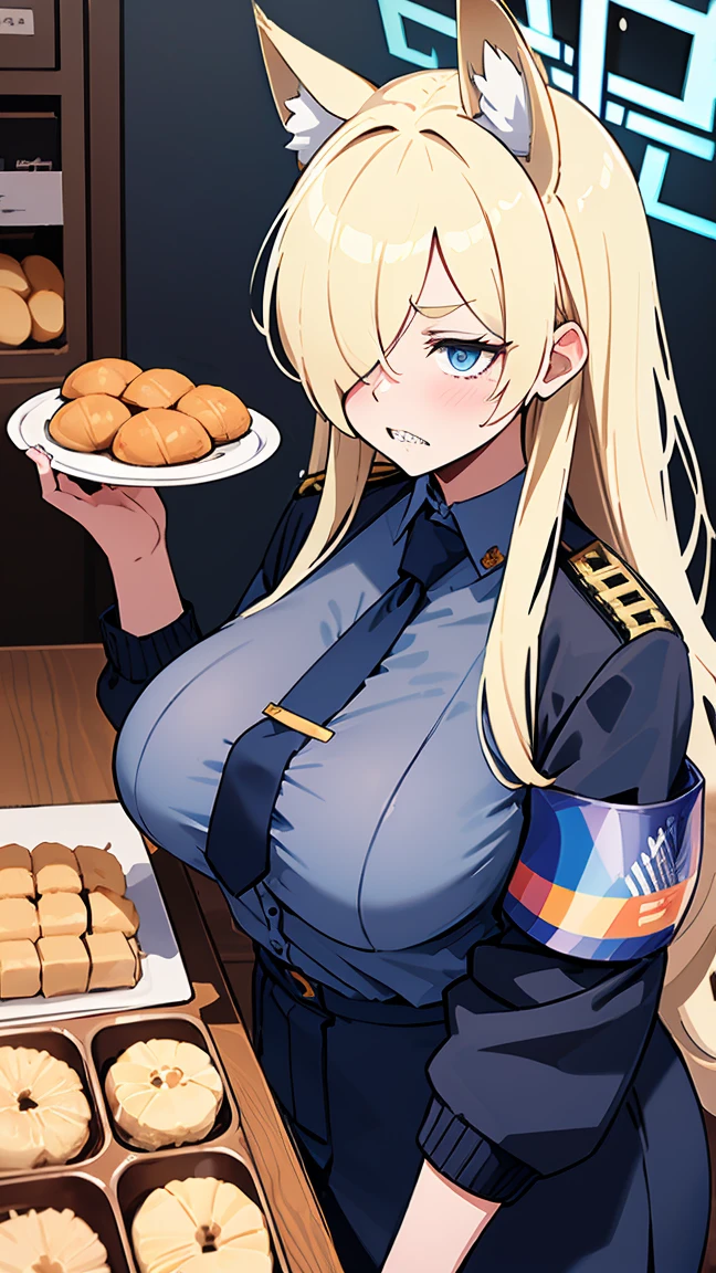 Kanna Ogata（Blue Archive）,Blonde long hair,Grey gap,Wolf Ears,One eye is covered by hair,（（（Large Breasts）））,Circle of angels overhead,Jagged teeth,Embarrassed,masterpiece,8K,Dark blue shirt,Black jacket,Navy blue tie,Armband,Oden food stall