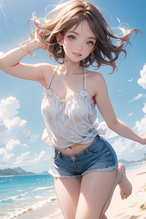 (Highest quality、masterpiece、High resolution、8K)、Vibrant colors、Young and beautiful woman 1、whole body、(Detailed face、Beautiful Eyes、Beautiful nose、Pretty lips)、Black and brown short bob、White tank top and shorts、barefoot、Jump High、Ride along the sandy beach、Surprised Smile、Official Art、The background is the sea、blue sky、Wide sandy beach、Wide forest、White waves and sandy beach、White Entrance Cloud、