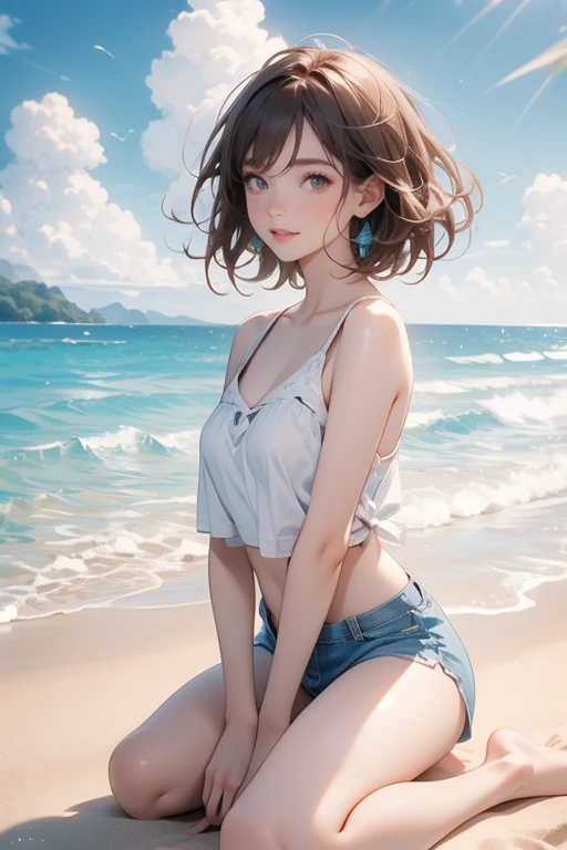 (Highest quality、masterpiece、High resolution、8K)、Vibrant colors、Young and beautiful woman 1、whole body、(Detailed face、Beautiful Eyes、Beautiful nose、Pretty lips)、Black and brown short bob、White tank top and shorts、barefoot、Jump High、Ride along the sandy beach、Surprised Smile、Official Art、The background is the sea、blue sky、Wide sandy beach、Wide forest、White waves and sandy beach、White Entrance Cloud、