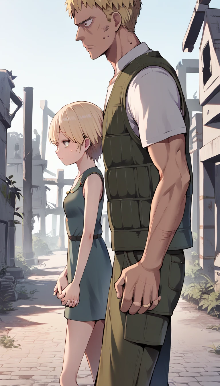 score_9, score_8_up, score_7_up, source_anime BREAK 
1girl, 14yo, _young, from side, small breasts, (girl dirty grey casual dress, holding hand in another's hand, blonde short hair, grey eyes, sad face), (town ruins:1.5), outdoors, walking, ((size difference:1.5)), (male face out of frame, (male cargo vest, pants)), night backgroud