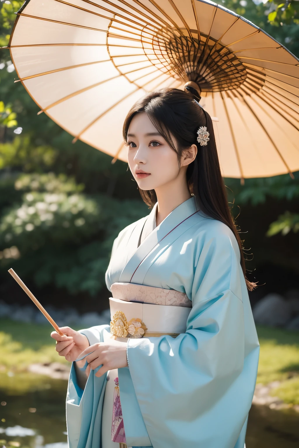masterpiece, A hyper-realistic masterpiece featuring a beautiful, elegant woman wearing traditional Japanese clothing. Hyperdetailed face, She holds a colorful umbrella and walks into a palace. The scene is inspired by ancient Japanese beauties and princesses, with a harmonious blend of traditional Japanese art. The image is of the highest quality, ultra-high definition (UHD), and captures the essence of Japan’s Emperor’s dynasty, UHD, best resolution, 28K.