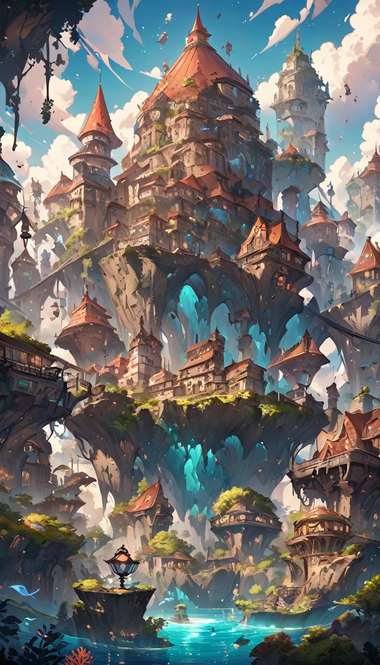 color (fantasy: 1.2), (Miyazaki style), (Irregular buildings floating on the seabed), Patchwork cottage, Moss decorations, coral, lamp, Concept art inspired by Andreas Rocha, Artstation Contest Winners, fantasy art, (Underwater city), Ross Chen, Optical axis, 逼真的lamp光, masterpiece, high quality, Beautiful graphics, High Detail, masterpiece, high quality, Beautiful graphics, High Detail,