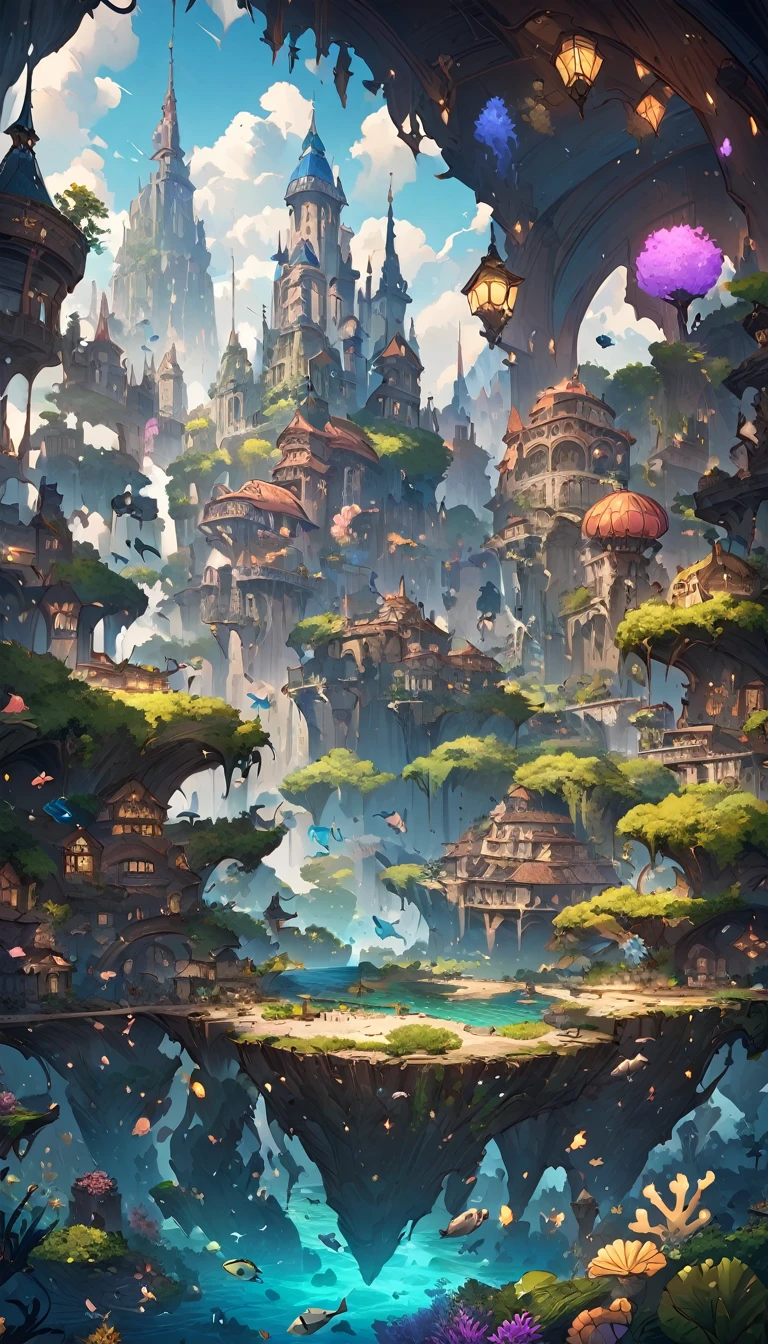 color (fantasy: 1.2), (Miyazaki style), (Irregular buildings floating on the seabed), Patchwork cottage, Moss decorations, coral, lamp, Concept art inspired by Andreas Rocha, Artstation Contest Winners, fantasy art, (Underwater city), Ross Chen, Optical axis, 逼真的lamp光, masterpiece, high quality, Beautiful graphics, High Detail, masterpiece, high quality, Beautiful graphics, High Detail, 