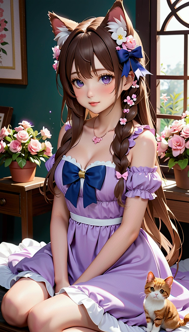 1 Girl, naked, Animal ears, Purple Eyes, Brown hair, wing, Solitary, Long hair, blush, Cat耳朵, Flowers, Looking at the audience, braid, bow, dress, pink Flowers, bow, Hair accessories, Bangs, Cat, Flowering, Animal ear hair, Keep, Virtual YouTuber, Blue bow, Keep animal, Cat女, Plush Toys