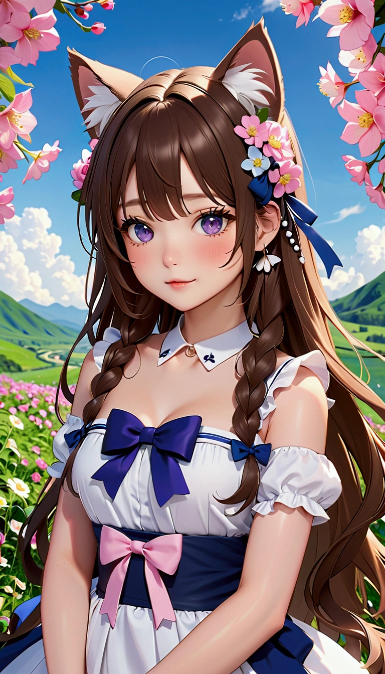 1 Girl, naked, Animal ears, Purple Eyes, Brown hair, wing, Solitary, Long hair, blush, Cat耳朵, Flowers, Looking at the audience, braid, bow, dress, pink Flowers, bow, Hair accessories, Bangs, Cat, Flowering, Animal ear hair, Keep, Virtual YouTuber, Blue bow, Keep animal, Cat女, Plush Toys