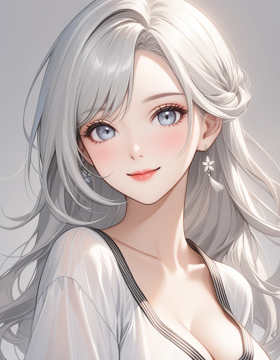 ((Portrait Photo)), She has a Mischievous and Youthful Appearance, with a Slender Build, Pale Skin and a Huge Breasts. She Expresses a Cheerful and Energetic Look, Giving Off a Smug and Lively Attitude. She has Light Gray Eyes, and Her Hair is Long, Silvery-White, and Tousled, with Bare Forehead. She Wears an Oversized, Open Bomber-Style Jacket, with a White Top, Revealing Her Midriff. ((Portrait Photo, HDR, Dark Background))