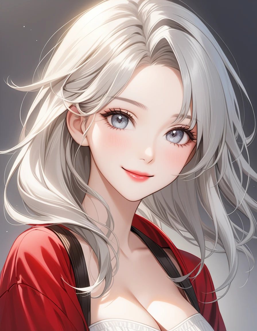 ((Portrait Photo)), She has a Mischievous and Youthful Appearance, with a Slender Build, Pale Skin and a Huge Breasts. She Expresses a Cheerful and Energetic Look, Giving Off a Smug and Lively Attitude. She has Light Gray Eyes, and Her Hair is Long, Silvery-White, and Tousled, with Bare Forehead. She Wears an Oversized, Open Bomber-Style Jacket, with a White Top, Revealing Her Midriff. ((Portrait Photo, HDR, Dark Background))