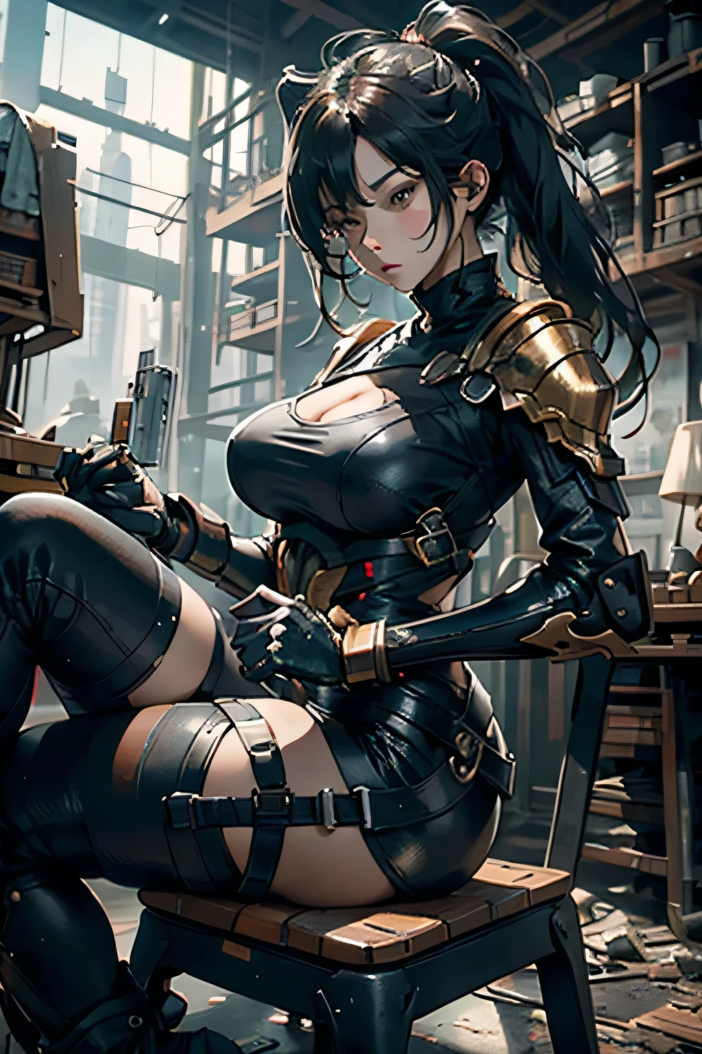 masterpiece, best quality, In the destroyed future city,Panoramic shot of sexy woman in futuristic armor,(Looking up),(Front view,First Person,75mm focal length),Fisheye lens,There are scratches and stains on the photo, fantasy, Science fiction, Beautiful woman different face, Wearing boots,Slender legs,sit on the chair,charming, sexly,haze, Bright and charming eyes, Dilapidated car,Drama Sex, A masterpiece of the highest quality, Practical, family friendly, 8K, Human Development Report, Shallow depth of field, Light, bloom, Light, Chromatic Aberration, Be focused,huge , Crazy breast swelling, Chest larger than shoulder blades, Big breasts and thin waist,(huge breasts:1.2),Hydrated skin((rogue))((Very huge breasts)),((Grooves reveal original skin))。