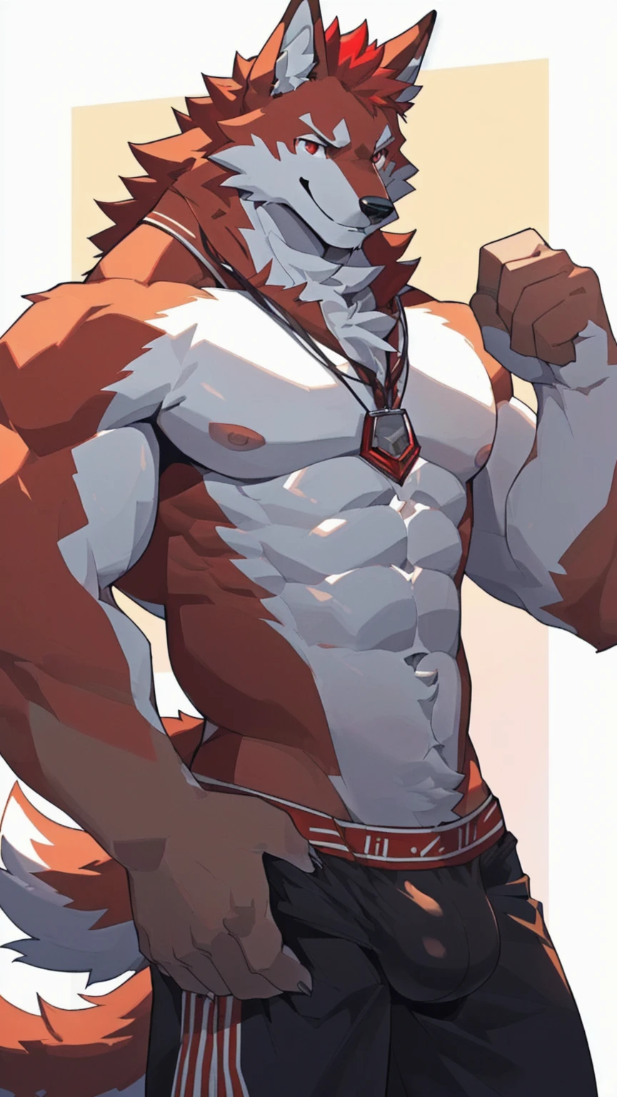 Orange background，high resolution，4K，masterpiece，high quality，35 years old，((Wolfdog))，male，((whole body:1.4，Strike a pose:1.5，Mature:1.3，Smiling face:1.4))，WolfdogFurry，（Uncle figure:1.5，hairy），((Moderate:1.2))，((Strong body:1.5，Long legs:1.3，big ear:1.3，Thick long tail，((No clothes，Wearing white underwear))，(((Red head:1.4，White neck:1.3，Red eyes:1.3，White chest:1.3，White belly:1.3，Red back of hand:1.3，Red and white tail:1.3，Crotch bulge)))，Delicate eyes:1.6，Fine details，Detailed body，（Detailed hand details:1.4）