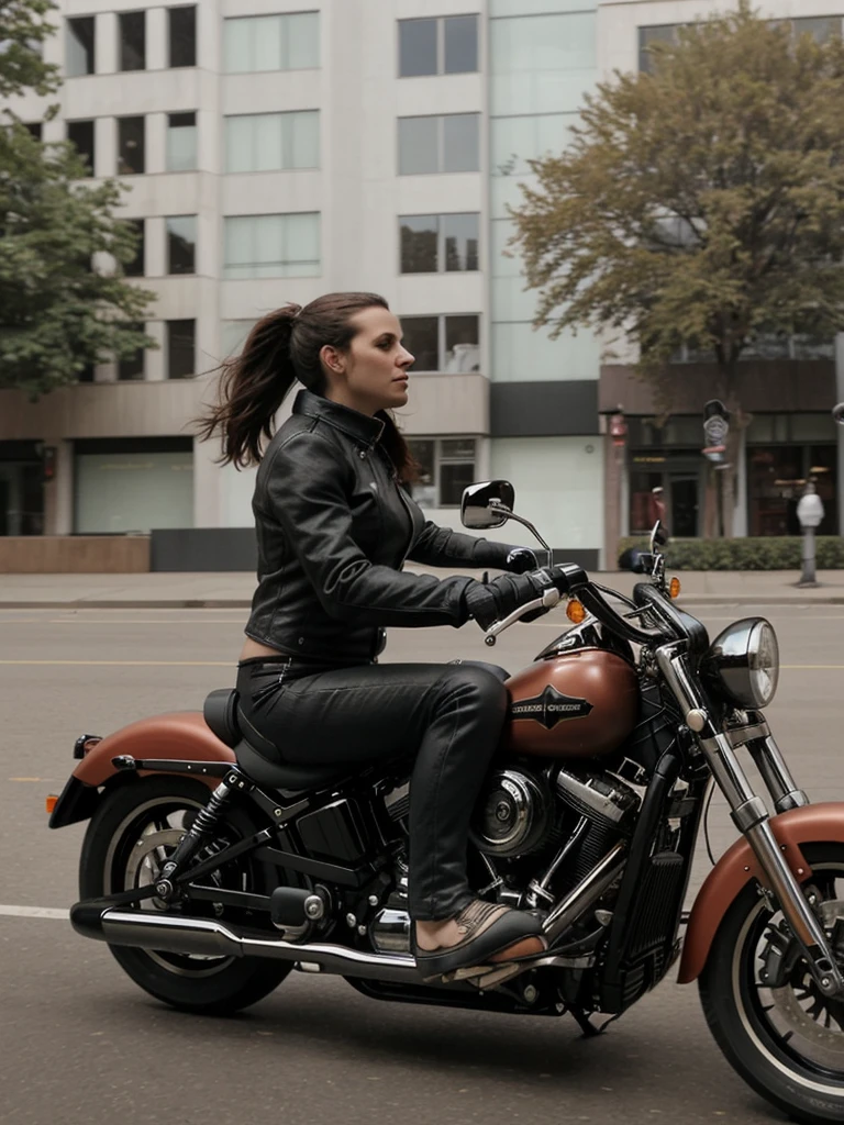 a photo of a woman riding a harley motorcycle in an urban street captured mid motion using a phone from 2010, the shot is wide and long, (((infinite focus)))