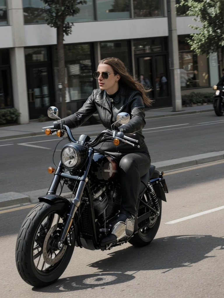 a photo of a woman riding a harley motorcycle in an urban street captured mid motion using a phone from 2010, the shot is wide and long, (((infinite focus)))
