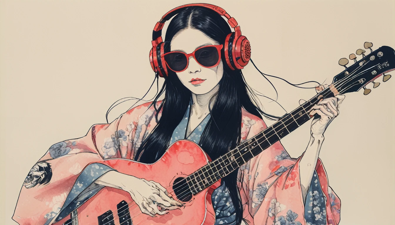 A female skeleton with long hair wearing a gorgeous kimono, Light pink lens sunglasses, Katsushika Hokusai, Ink Painting, Japanese style headphones, Playing the bass guitar, Modern ukiyo-e style, Red Eyes