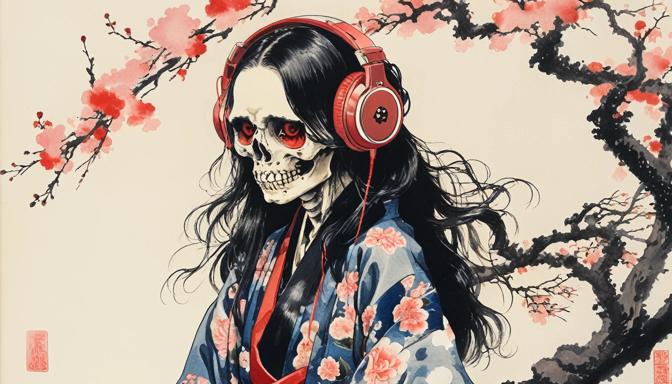 A female skeleton with long hair wearing a gorgeous kimono, Light pink lens sunglasses, Katsushika Hokusai, Ink Painting, Japanese style headphones, Playing the bass guitar, Modern ukiyo-e style, Red Eyes