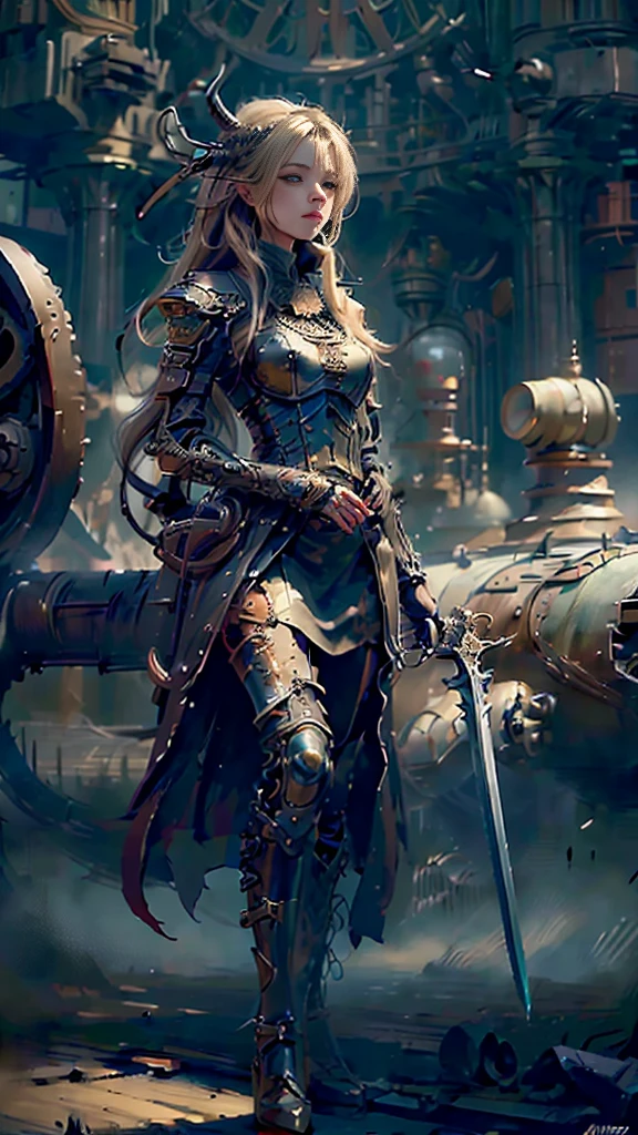 ((best quality)), ((masterpiece)), (detailed), 1 girl, whole body，Standing，Girl，Long blond hair，Green Eyes，Wearing grey steampunk armor，Holding a long sword，Background is the ruins of the city。