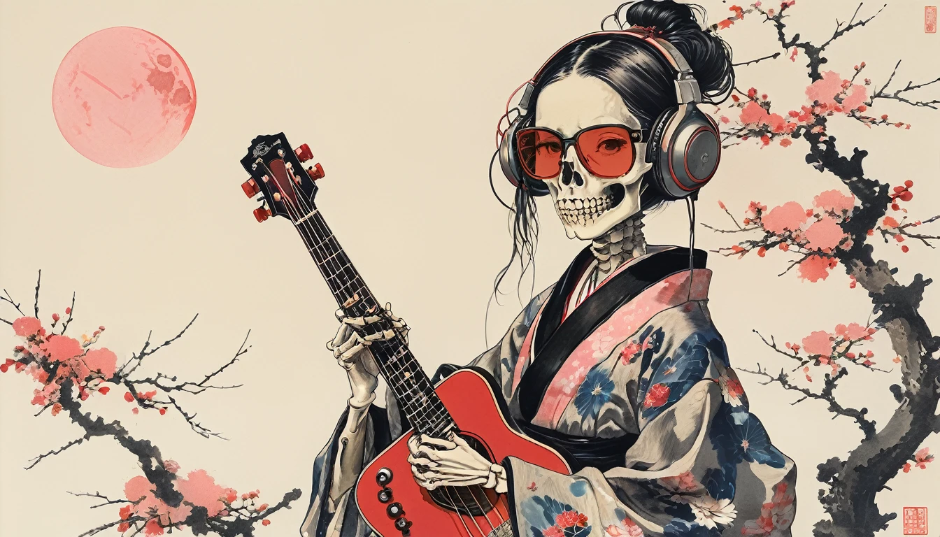 A female skeleton with long hair wearing a gorgeous kimono, Light pink lens sunglasses, Katsushika Hokusai, Ink Painting, Japanese style headphones, Playing the bass guitar, Modern ukiyo-e style, Red Eyes