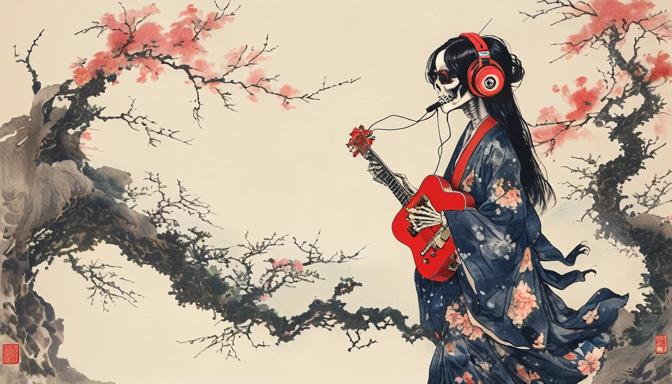 A female skeleton with long hair wearing a gorgeous kimono, Light pink lens sunglasses, Katsushika Hokusai, Ink Painting, Japanese style headphones, Playing the bass guitar, Modern ukiyo-e style, Red Eyes