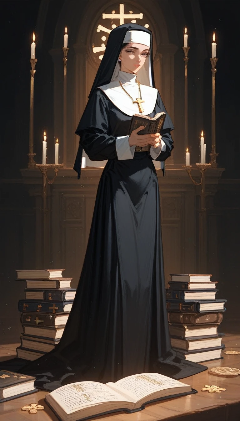 (Fraction_9,Fraction_8_Direction_7_up),1 a woman,(((bust))), whole body,Priest,nun,Bible,Holy Light,Black, white and yellow,Book in hand,Long legs,European and American clothing patterns,