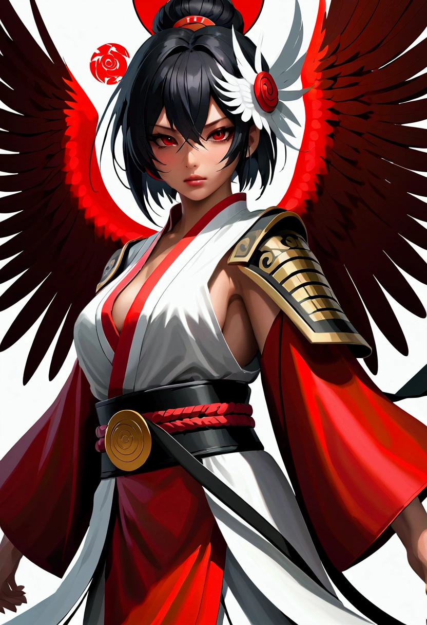 masterpiece, best quality, Extremely detailed, CG Illustrations, high resolution, Better lighting, The best shadow, Extremely refined, Proper shade, HD, 8K, Ray Tracing, Ultra-detailed and clear background, Perfect lighting, Anime style, Inspired by games《Magic King of Fighters》: Ruby House (Tengu, Winged Mountain God, Provocation, Red and White), strength, Samurai Punk, Solitary, 1 female, Black Hair, Red Eyes,  aldult, Belt tassels,