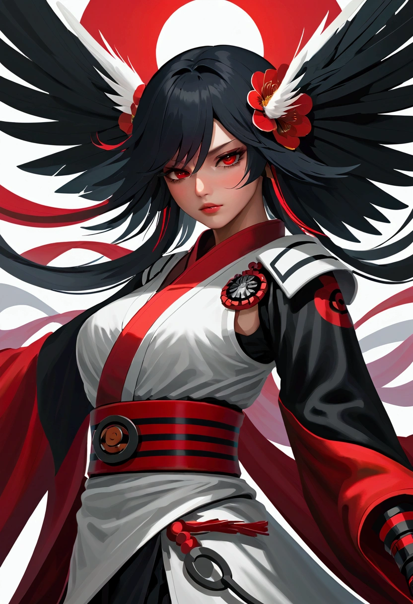 masterpiece, best quality, Extremely detailed, CG Illustrations, high resolution, Better lighting, The best shadow, Extremely refined, Proper shade, HD, 8K, Ray Tracing, Ultra-detailed and clear background, Perfect lighting, Anime style, Inspired by games《Magic King of Fighters》: Ruby House (Tengu, Winged Mountain God, Provocation, Red and White), strength, Samurai Punk, Solitary, 1 female, Black Hair, Red Eyes,  aldult, Belt tassels,