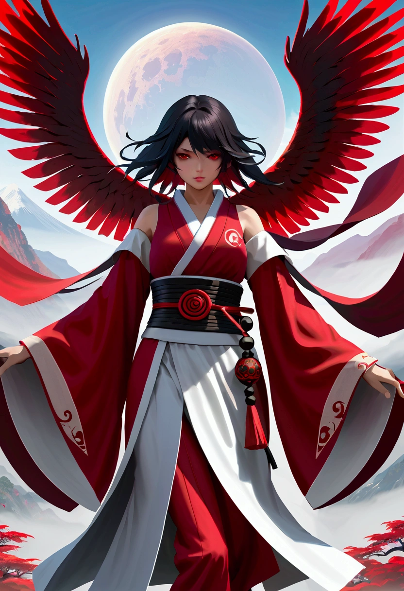 masterpiece, best quality, Extremely detailed, CG Illustrations, high resolution, Better lighting, The best shadow, Extremely refined, Proper shade, HD, 8K, Ray Tracing, Ultra-detailed and clear background, Perfect lighting, Anime style, Inspired by games《Magic King of Fighters》: Ruby House (Tengu, Winged Mountain God, Provocation, Red and White), strength, Samurai Punk, Solitary, 1 female, Black Hair, Red Eyes, aldult, Belt tassels,
