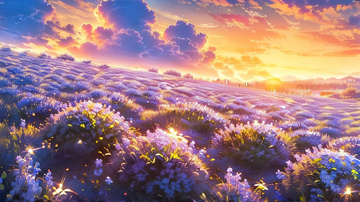 ((masterpiece, Highest quality, Best image quality, High resolution, Realistic, RAW Photos, 8K)), 夕日を背景にした紫色のFlower Field, really Beautiful Nature, Lilac Sun Raise, Lavender fields in full bloom, Beautiful Nature, Purple Sky, Beautiful purple sky, Purple Sunset, violet and yellow sunset, Very beautiful, In a lavender field in France, at Purple Sunset, beautiful place, 幻想的なFlower Field, Purple Sun, Flower Field, 