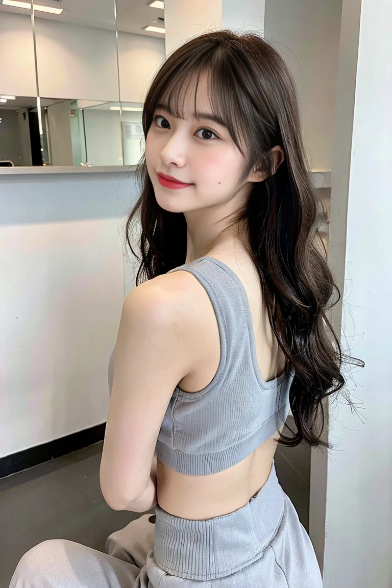 Light gray sports bra,Light grey sports pants,27 years old,bangs,A small smile,Thighs,knees、Looking back、Long hair wavy hair girl、From below,Front light、Reflected in the mirror、selfie of myself