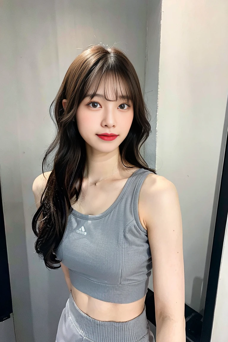 Light gray sports bra,Light grey sports pants,27 years old,bangs,A small smile,Thighs,knees、Looking back、Long hair wavy hair girl、From below,Front light、Reflected in the mirror、selfie of myself