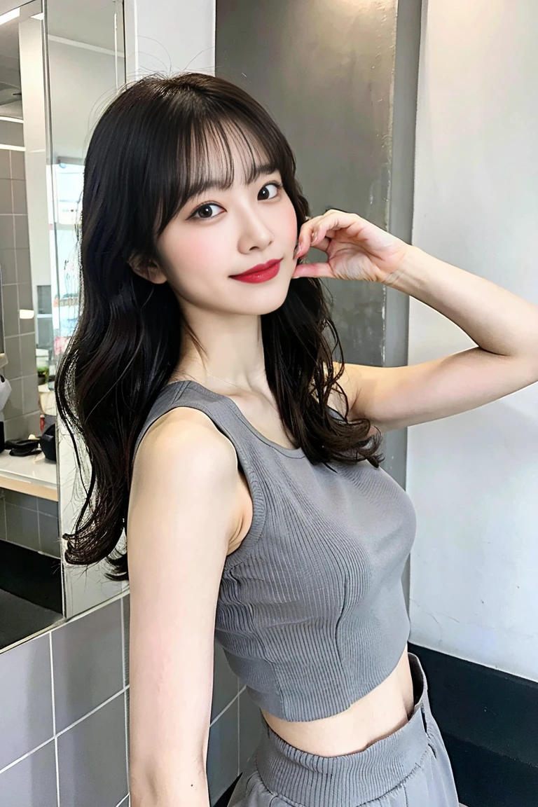 Light gray sports bra,Light grey sports pants,27 years old,bangs,A small smile,Thighs,knees、Looking back、Long hair wavy hair girl、From below,Front light、Reflected in the mirror、selfie of myself