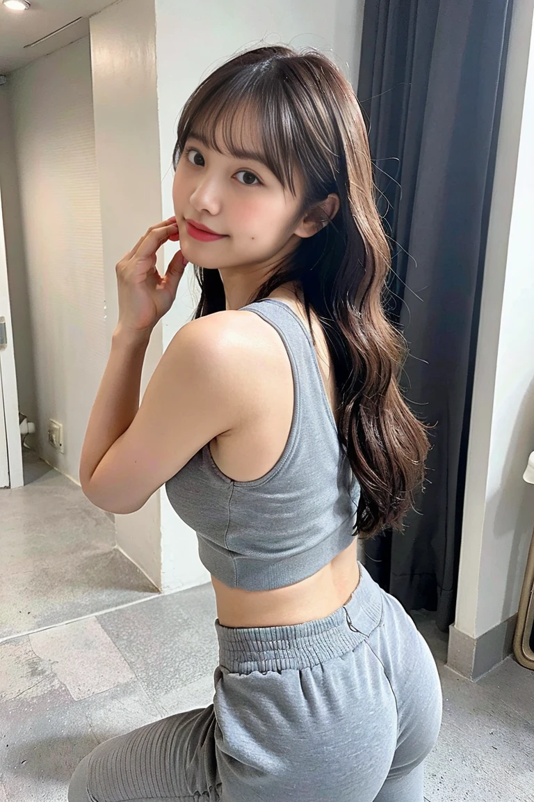 Light gray sports bra,Light grey sports pants,27 years old,bangs,A small smile,Thighs,knees、Looking back、Long hair wavy hair girl、From below,Front light、Reflected in the mirror、selfie of myself