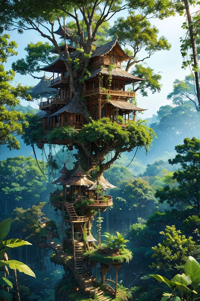 (PiroxiumDiffusion style:0.5), Beautiful jungle tree house,Cinematic, (masterpiece),Vibrant