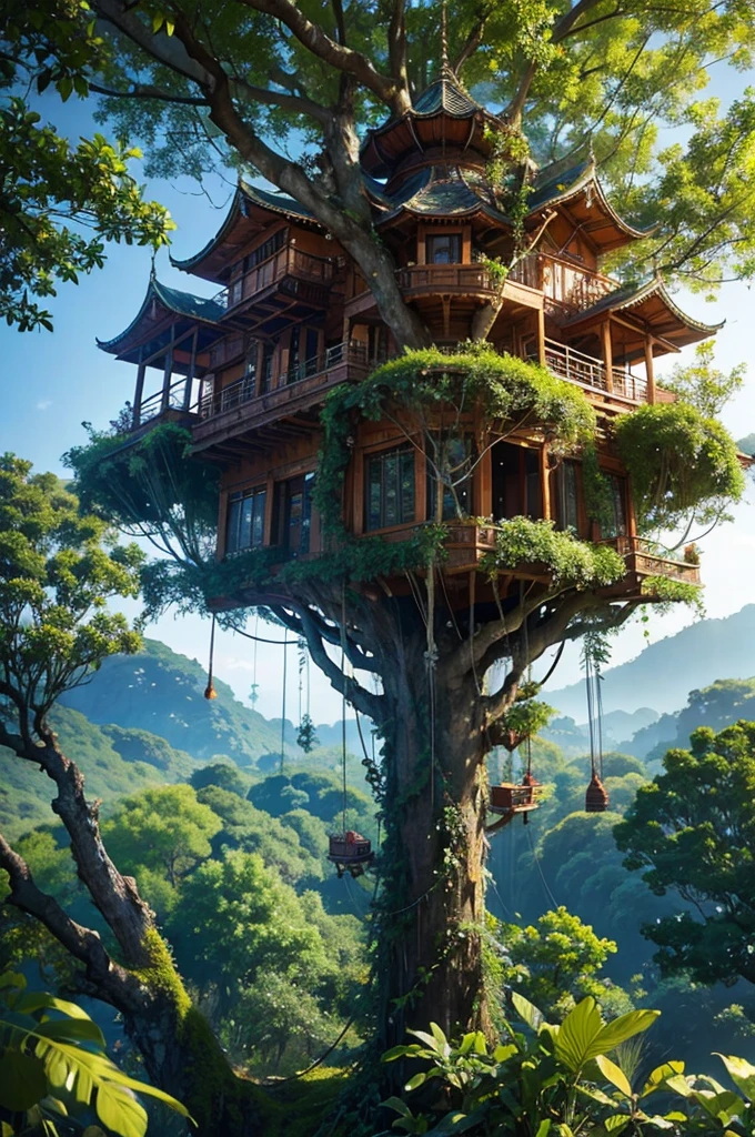 (PiroxiumDiffusion style:0.5), Beautiful jungle tree house,Cinematic, (masterpiece),Vibrant