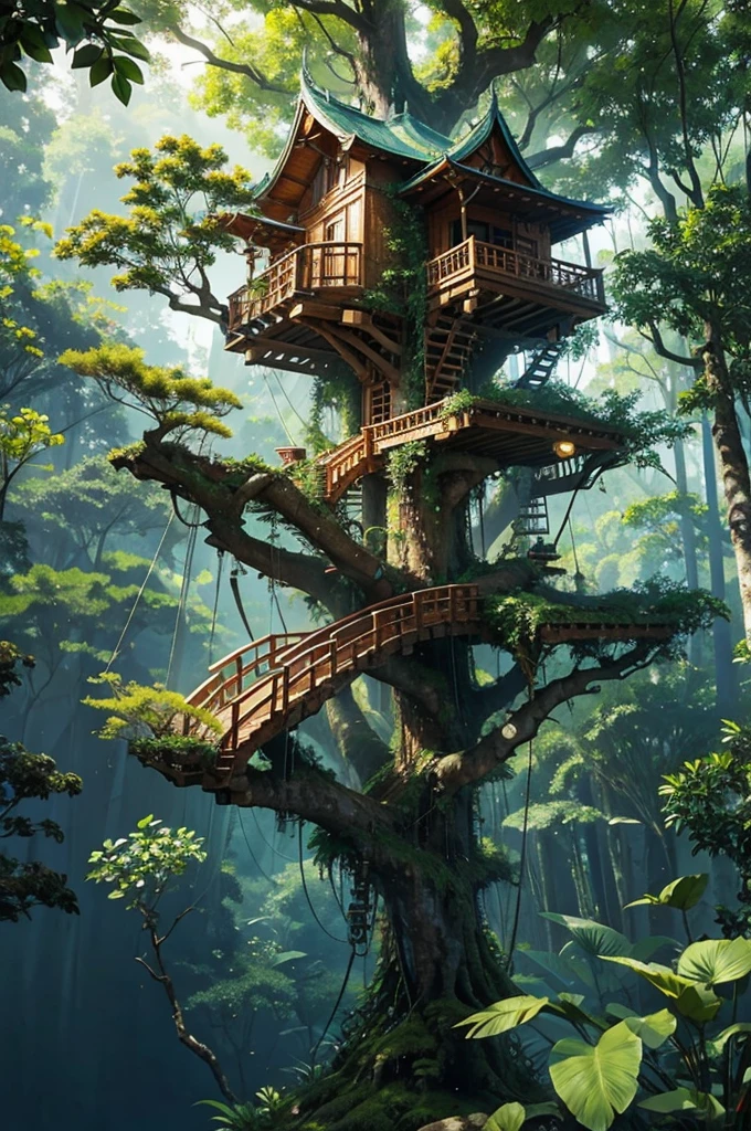 (PiroxiumDiffusion style:0.5), Beautiful jungle tree house,Cinematic, (masterpiece),Vibrant
