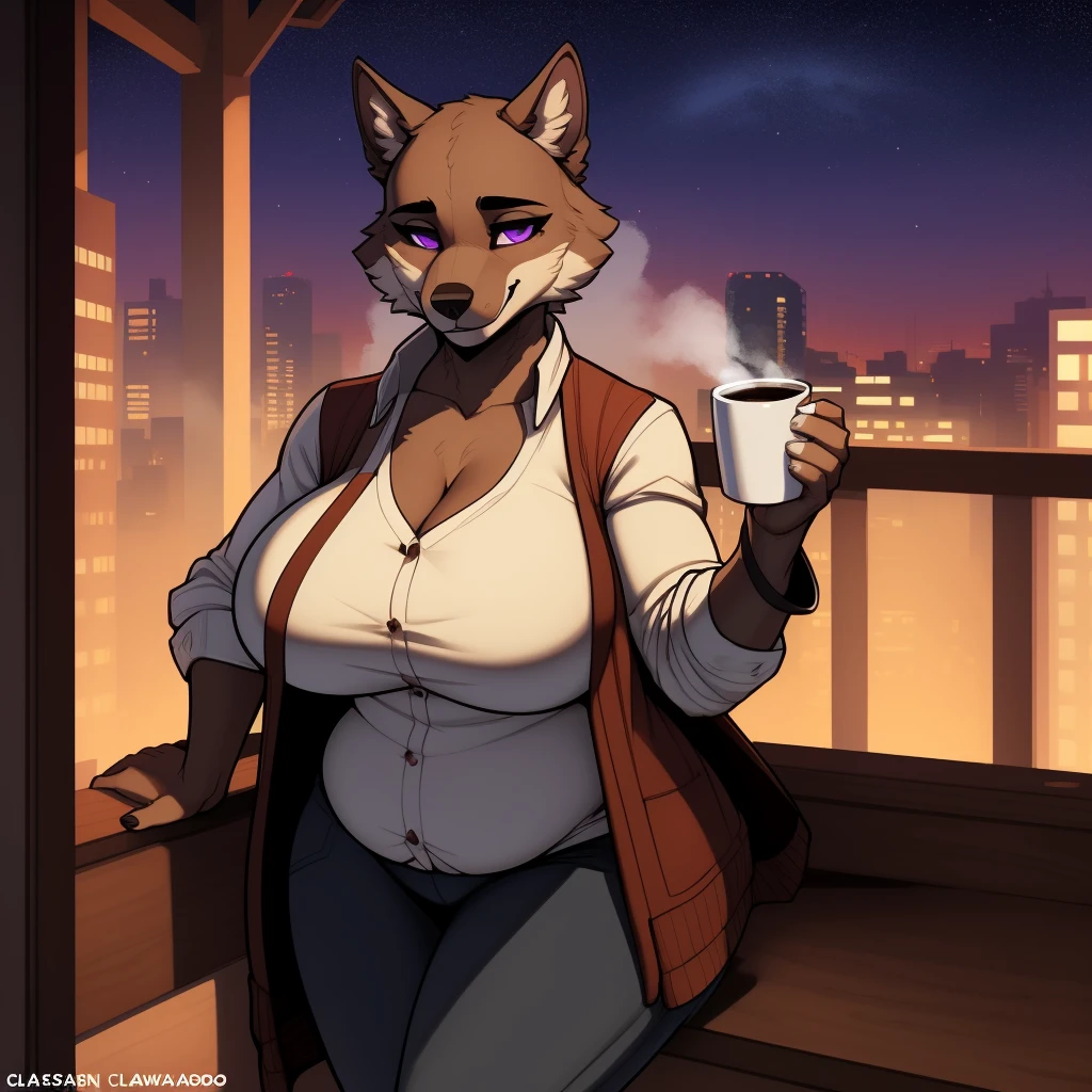 Athletic_Mature_timberwolf female brown_furry_body purple_eyes milf very_fluffy enormous massive gigantic big large fat absurde breasts cardigan undershirt pants solo Masterpiece best_quality absurdres highly_detailed cleanly_drawn_eyes anthro_only embarrassed_smile by_claweddrip, by_greasymojo, by_underscore-b, by_runawaystride wedding_ring holding_steaming_coffee_cup back_porch starry_sky