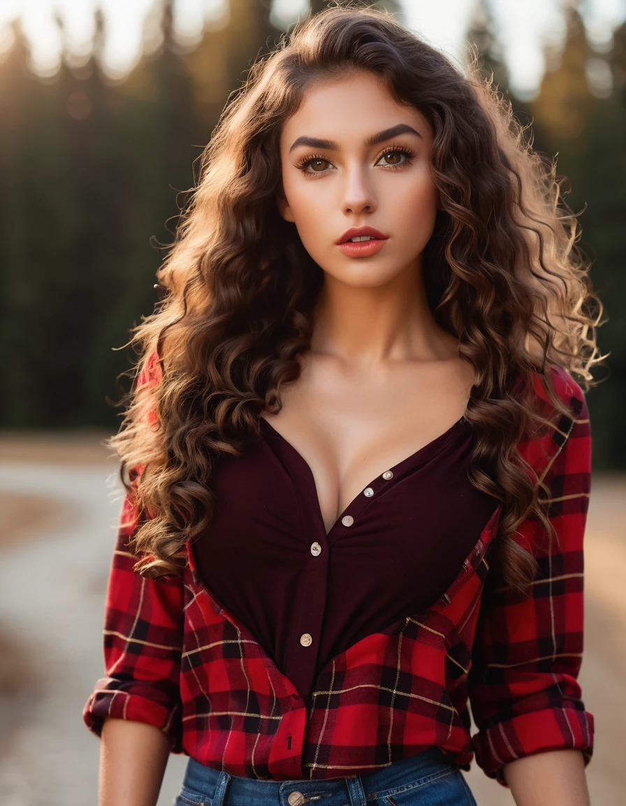 (best quality,4k,highres, highres face details), brown long curly hair, wearing a red flannel shirt,18 years old, instagram model, 36DD natural breast, fake lashes, fake lips, dark makeup, perfect skin, tan skin, she is skinny, she is caucasian, golden hour, huge natural breast 36DD, posing, sexy, sensual vibes, whole body image, from head to toes