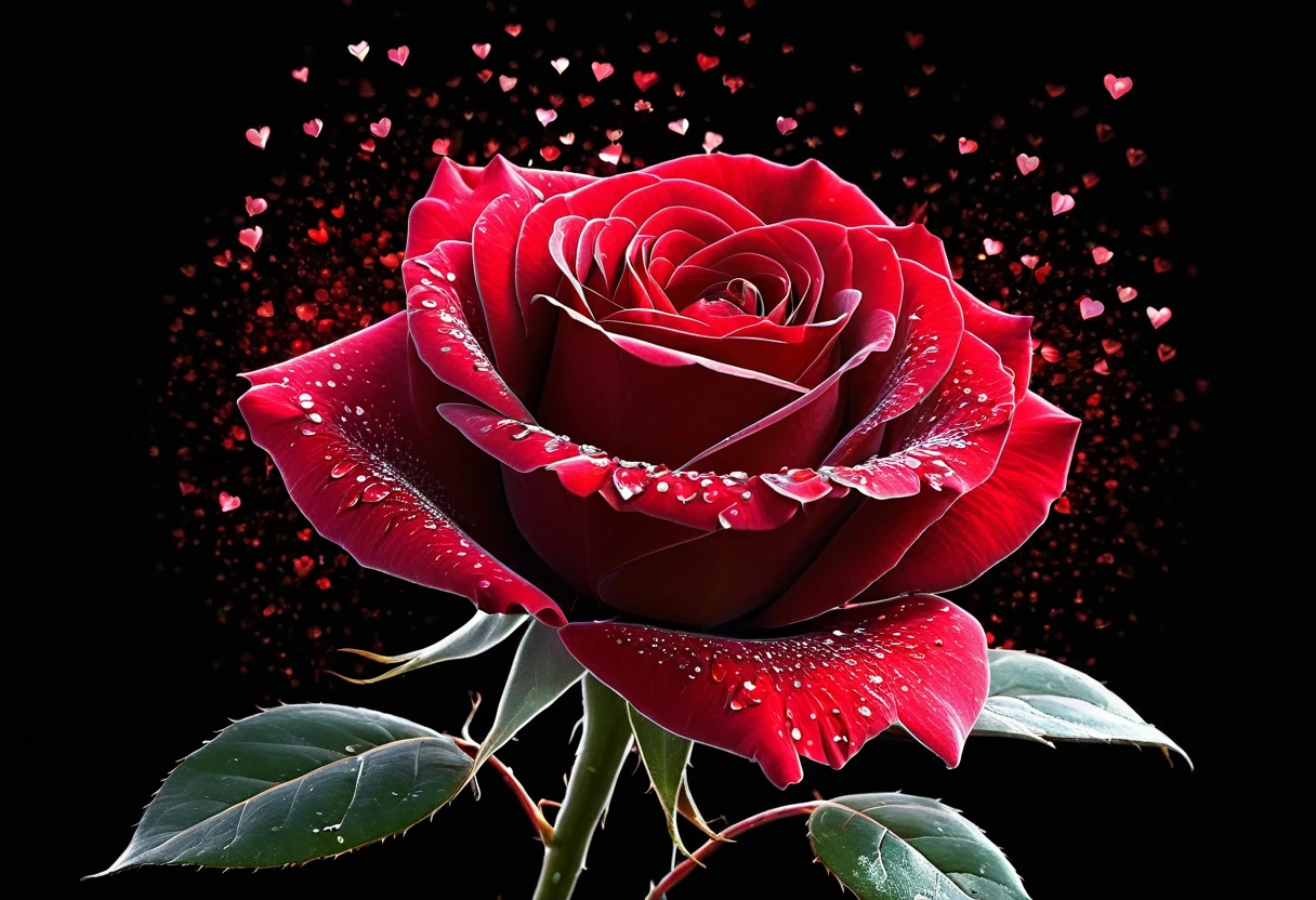a close up of a 赤いrose with hearts on a black background, Digital Art by Dechko Uzunov, Pixabay Contest Winner, Digital Art, Heavenly red flower atmosphere, 赤いrose, red rose, Magic Flower, exploding rose, rose, red neon rose, blonde, sakimi, 8k highly detailed ❤️🔥 🔥 💀 🤖 🚀