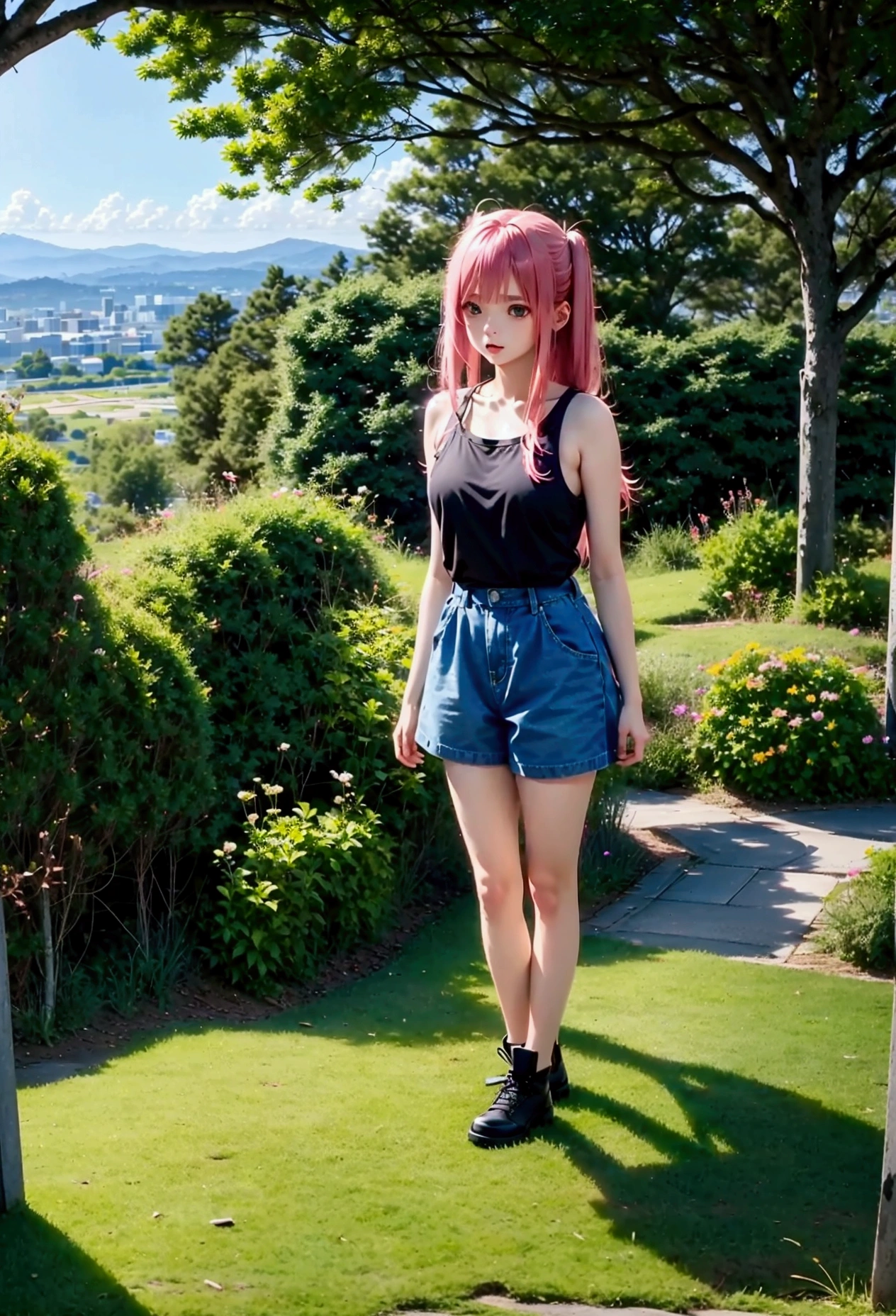 ultra-detailed,highly detailed,best quality,masterpiece,illustration, 
The image is of an anime girl with long pink hair, wearing a black off the shoulder top, a white tank top, blue denim shorts, a red belt, and butterfly hair clips. The image is drawn in an anime art style and features some features of a cartoon. She is standing outside on a sunny day. There are trees and buildings behind her, as well as a bright sun shining in the top left corner of the image. Her left hand is on her hip and her right hand is to the side of her body, almost touching the trees. Her expression is one of either anger or shock, but her eyes are wide open and her pupils are small. The image is brightly colored and well-lit. She appears to be surprised or shocked by something.