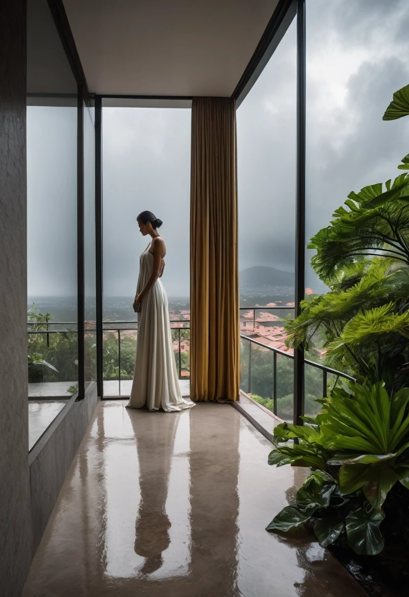 RAW photograph taken with the Nikon D7500 + AF-S DX NIKKOR camera, 18mm lens, ultra-wide, overhead angle, 8K, top quality, HDR, extremely high realism, extreme realism, lamp temperature 9,000K, at 7 am, on a very cold morning with (((strong and heavy rain))) and a (((completely gray sky))). In the heart of a vibrant city, Casa Vértice stood majestically. A symbol of brutalist architecture, with its four imposing floors. The facade, a statement of power and simplicity, contrasted with the softness of the surrounding balconies, supported by Ionic columns, like guardians that protected the residence. On rainy afternoons, when the clouds gathered to weave a gray blanket over the city, Casa Vértice transformed into a peaceful and serene refuge. Hanging plants on balconies danced to the rhythm of the rain, while slit-shaped windows let filtered light create hypnotic patterns throughout the interiors. In the center of the vast garden, a narrow lake reflected the gloom of the sky. A sculpture of a woman, carved from white marble, emerged from the calm waters. Her graceful, contemplative pose seemed to capture the essence of the rainy afternoon, evoking a sense of serenity and introspection. Inside Casa Vértice, spaces flowed harmoniously, connecting like parts of an architectural symphony. Residents could admire the beauty of the lake and the sculpture even on rainy days, thanks to the large windows that embraced each room. Thus, Casa Vértice became more than a simple residence. It was a testament to the human ability to create beauty even in the midst of a storm, a celebration of the union between brutalism and delicacy, between the strength of architecture and the serenity of nature.