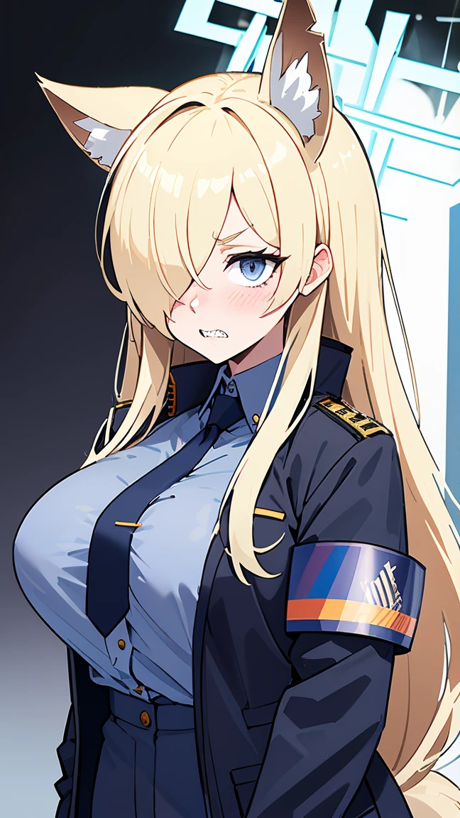 Kanna Ogata（Blue Archive）,Blonde long hair,Grey gap,Wolf Ears,One eye is covered by hair,（（（Large Breasts）））,Circle of angels overhead,Jagged teeth,Embarrassed,masterpiece,8K,Dark blue shirt,Black jacket,Navy blue tie,Armband,