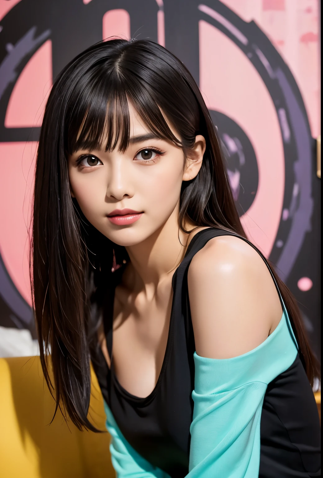 masterpiece, best quality, full body, 1girl, bangs, japanese, black long hair,Tshirt,collarbone , eyebrows visible through hair, gradient hair,long hair, looking at viewer, dress,smile, solo,sofa,illustration, fashionable, woman, vibrant, outfit, posing, front, colorful, background, elements, confident, expression, holding, statement, accessory, coiled, around, touch, scene, bold, stylish, font, catchy, headline, larger, striking, modern, trendy, focus, fashion