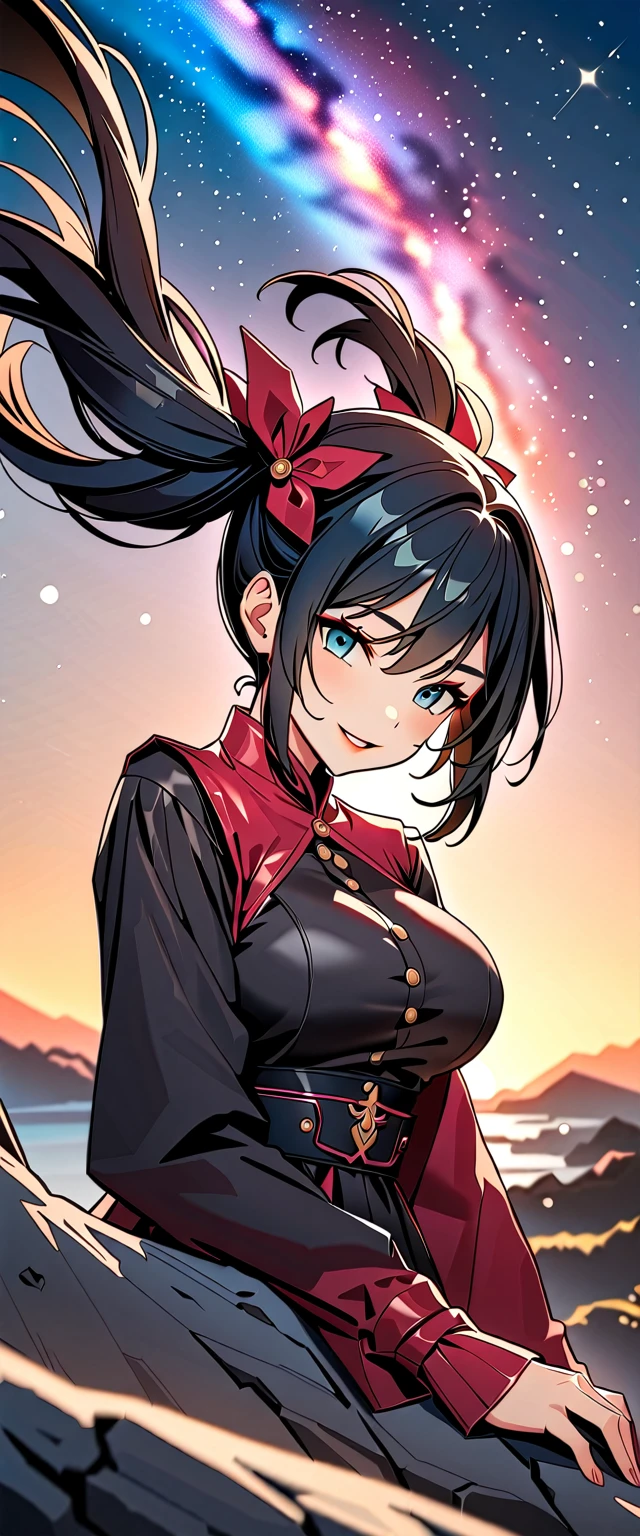 Photo of a woman with natural skin, ((Upper Body)), Dynamic pose, Looking at the camera, laughing, She has black hair in twin tails with red mesh, Sharp eyes with blue eyeshadow, Shining eyes, A thin, upturned nose, Well-shaped lips, ((Black shoulder dress, Decorated clothing)), Big Breasts, barefoot, Makeup, Exquisitely crafted with the utmost attention to detail, Vibrant, amazing, Smooth, Cinematic, 4K, Backlight, ((Atop a cliff with a beautiful starry sky, Cliff)), Shallow depth of field, ((Detailed eyes:1.3, Detailed lips:1.3, high quality, )), masterpiece, Super detailed images, High quality